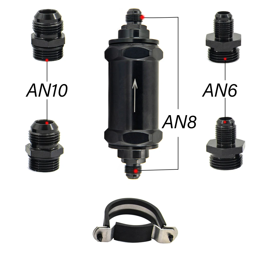 

Inline Fuel Filter Fit E85 Ethanol With 100Micron Stainless steel element BLACK AN6 / AN8 / AN10
