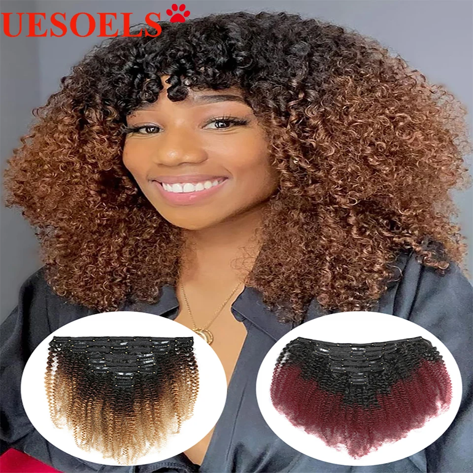 

Afro Curly Clip In Extensions Brazilian Human Hair 1B/4/27 1b/99J Clips Human Hair Extension For Women Full Head 8pc/Set 120g