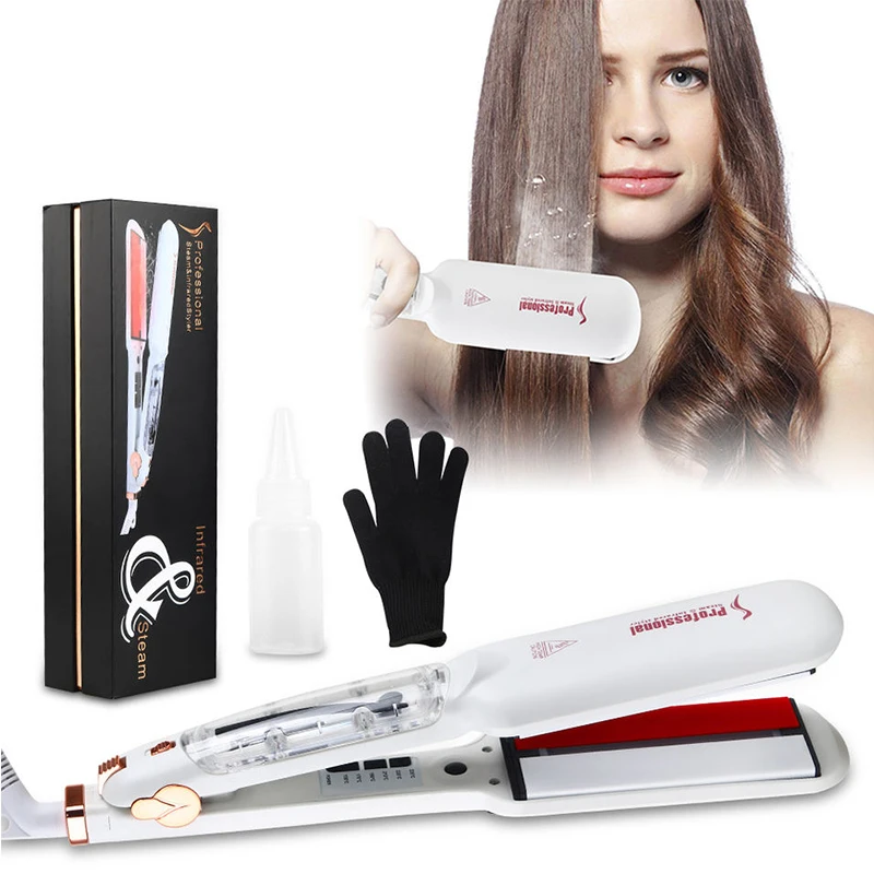 Flat Iron Hair Infrared Steam Hair Straightener For All Hair Type 2 In1 Professional Hair Salon Flat Iron Ceramic Heat Plate