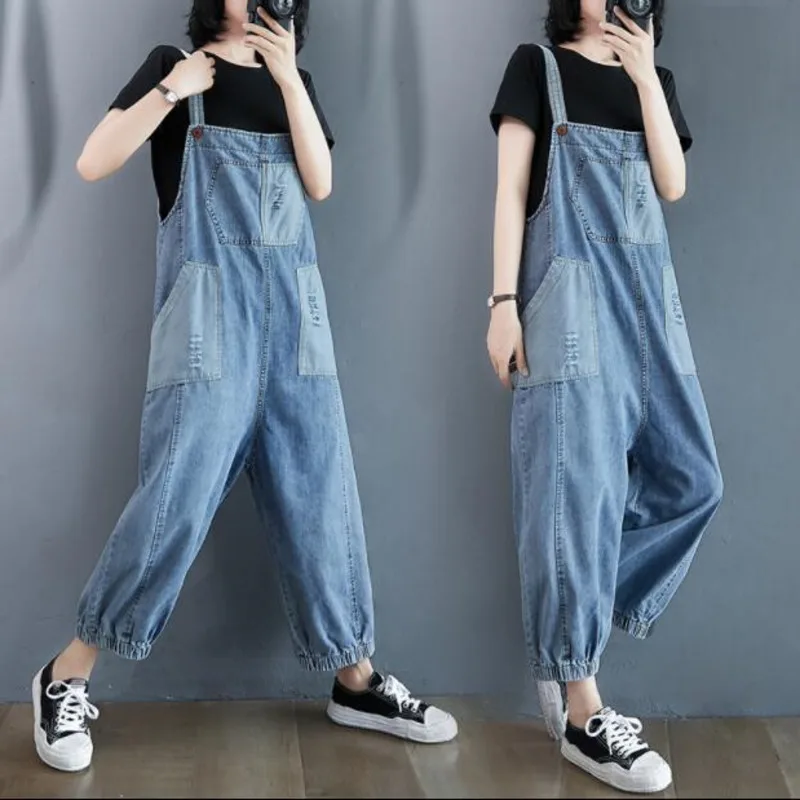 

#2344 Summer Casual Wide Leg Jumpsuits Women Retro Spaghetti Strap Jeans Jumpsuit Femme Loose Harem Denim Overalls Ankle-length