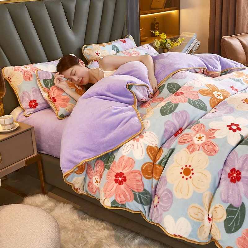 

Print flowers Winter Flannel Quilt Cover Soft Warm Thick Milk Fleece Comforter Cover Thickening Warm Duvet Bedding Cover