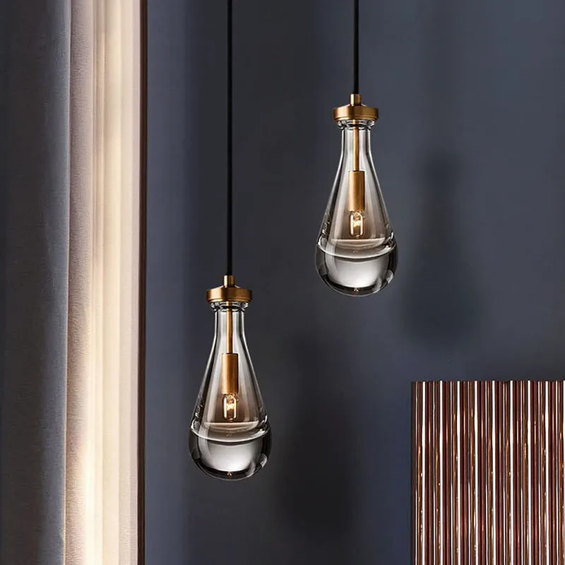 

Simple Copper Raindrop Crystal Glass Chandelier Light Personality Luxury Dining Room LED Lamp Bar Hanging Luminaire Bedroom