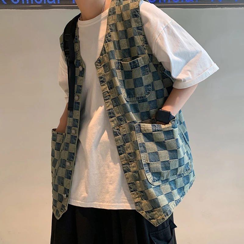 

E BOY Vests Men ed High Street Plaid Printed Chic Ins Japan Style Male Cargo Waistcoats Loose Multi Pockets Fashion All-match