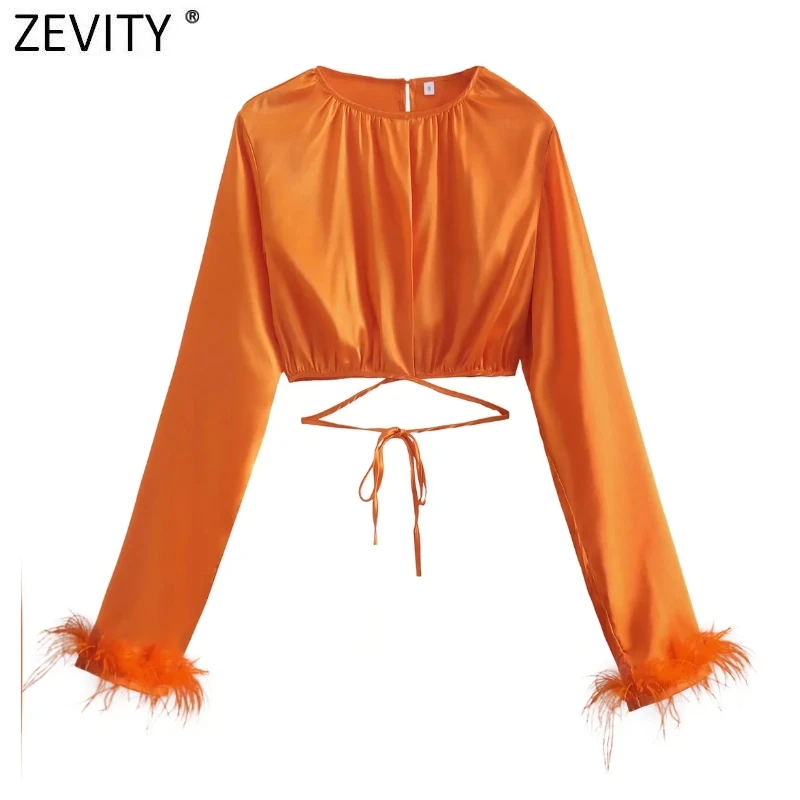 

Zevity New Women Fashion Feathers Design Soft Satin Orange Blouse Lady Chic Hem Split Bandage Shirts Crop Blusas Tops LS10022