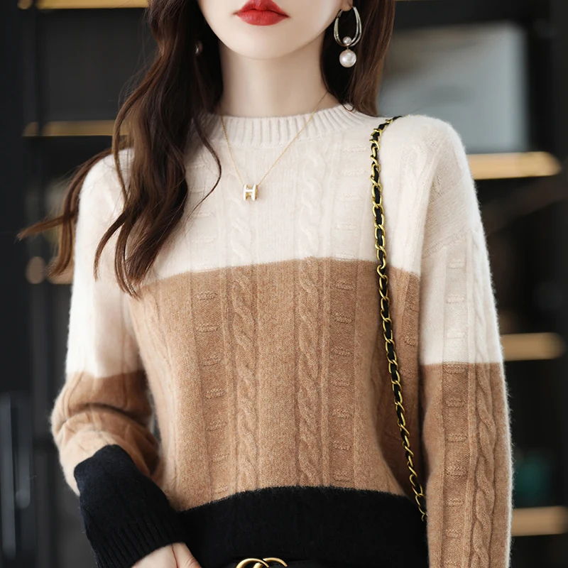 

100% Merino Wool Sweater Women's Crew Neck Colorblock Pullover Autumn / Winter New Tops Casual Knit Loose Twist Jacket