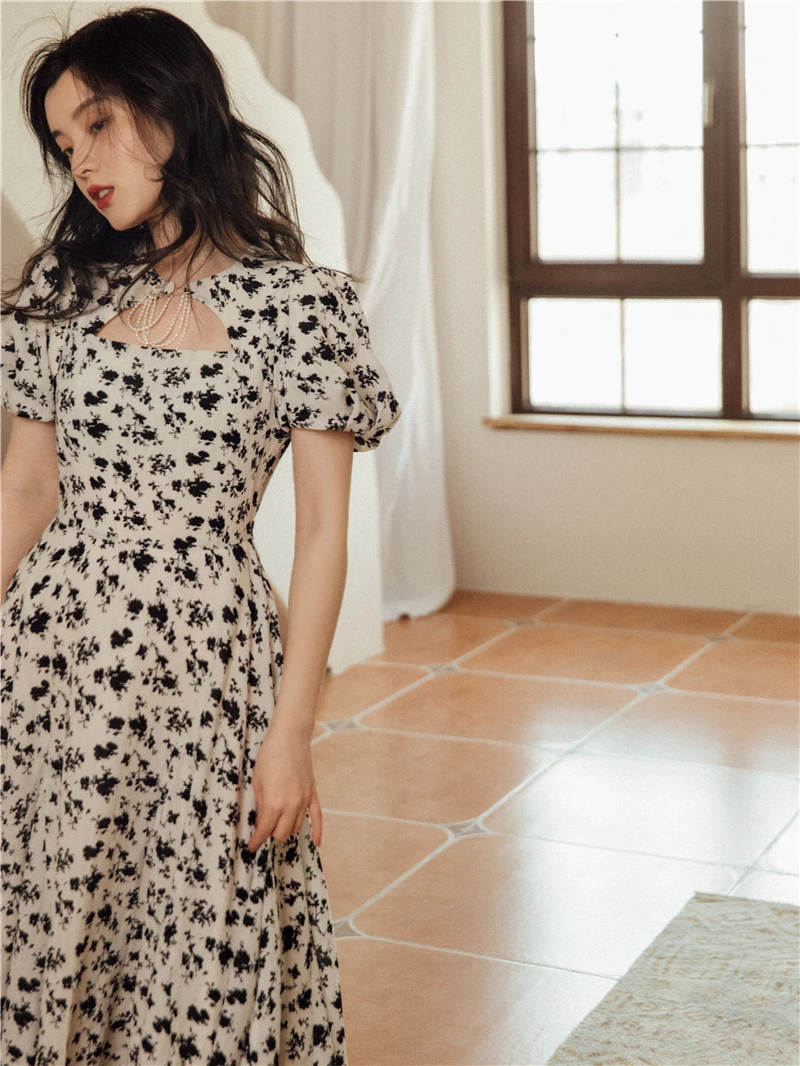 

Japan Style Women Chiffon Dress Summer Modern Vintage Print Ink Wash Painting Puff Sleeve Midi Dresses Streetwear Vestido Fiesta