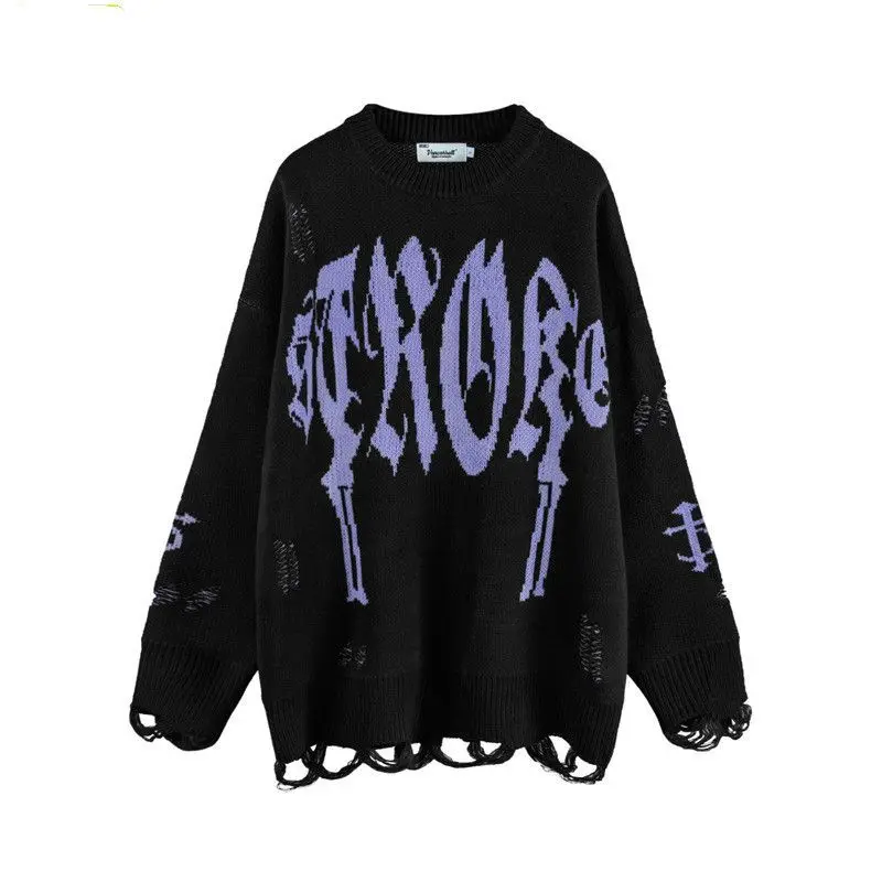 

Black Sweater Women Punk Hippie Streetwear Hollow Out Letter Print Knitted Jumper Oversize Emo Winter Top