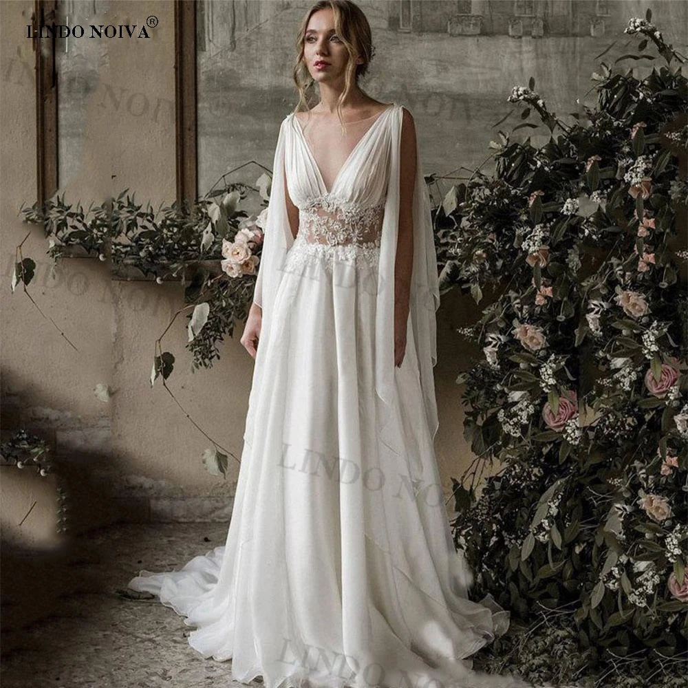 

LINDO NOIVA Boho Chiffon Appliques Beach Wedding Dresses for Women Backless Women A-line Bridal Gowns Bride Vestidos De Novia