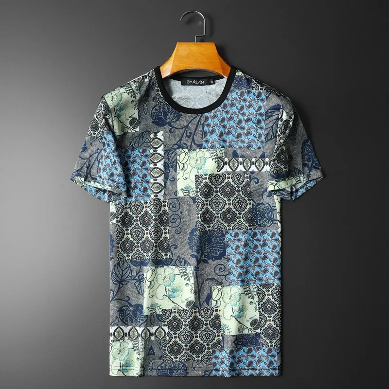 

2024 Summer Vintage Print T Shirt Men Short Sleeve Casual Shirts Ice Silk Breathable O-neck ops ees Camiseta Masculina