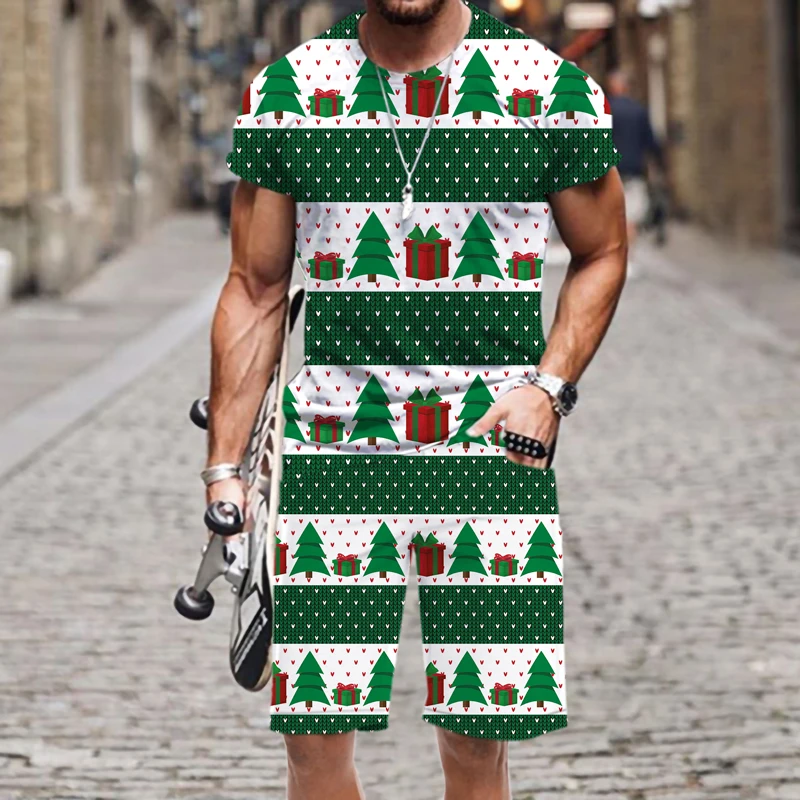 

Men's T-shirt Set Christmas Pattern O Neck 3D Printed Beach 2022 New Luxury Funny Summer Street Sportswear Short Sleeve Tops