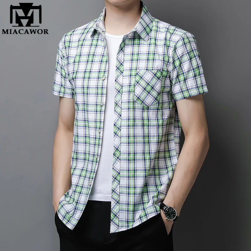 

New Brand Korean Men Casual Plaid Shirts Summer Short Sleeve Blusa Masculina Slim Fit Chemise Homme Plus Size 4XL C911