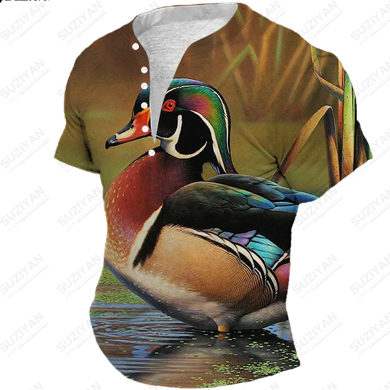 

New Summer Short Sleeve T-shirt Button Hot Selling V-Neck Pullover Pattern High Quality 3D Printing Fashion Large Top Retro Bird