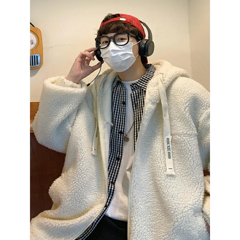 EOENKKY/Fleece Parkas Streetwear Lambswool Winter Jacket 2022 Windbreakers Hip Hop Patchwork Korean Fashions Zipper Coat