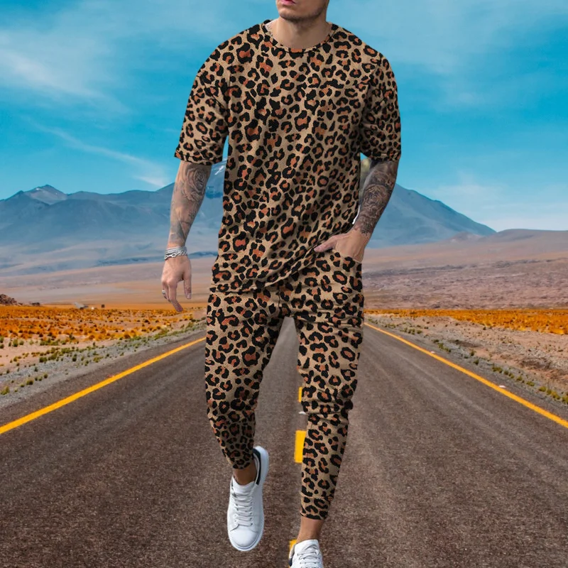 New Boutique Leopard Print Men’s Trousers Tracksuit 2 Piece Set Streetwear Short Sleeve T Shirt+Long Pants Clothes Male Clothing