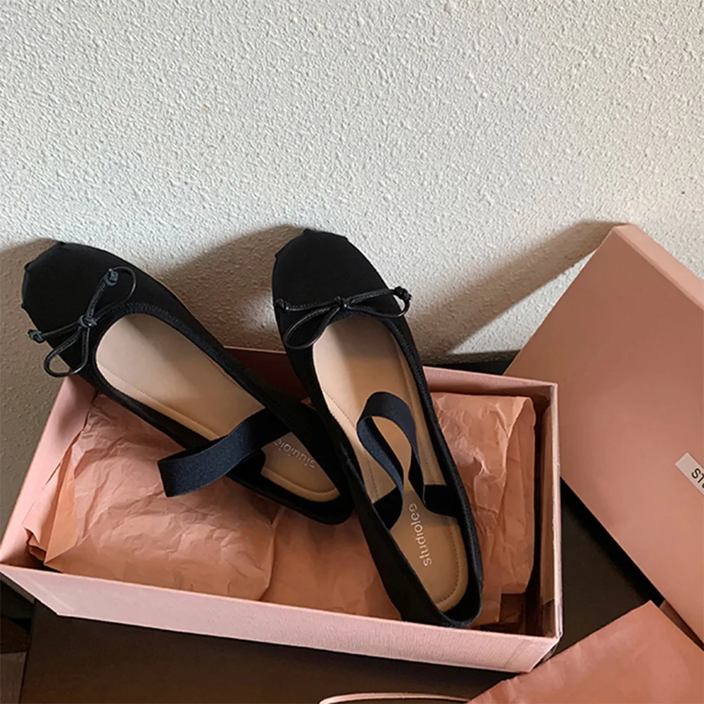 French Rretro Bow Shoes for Ballet Flats French Ballerina ballet Flats women's soft Satin Silk shallow cross straps Belt Elastic