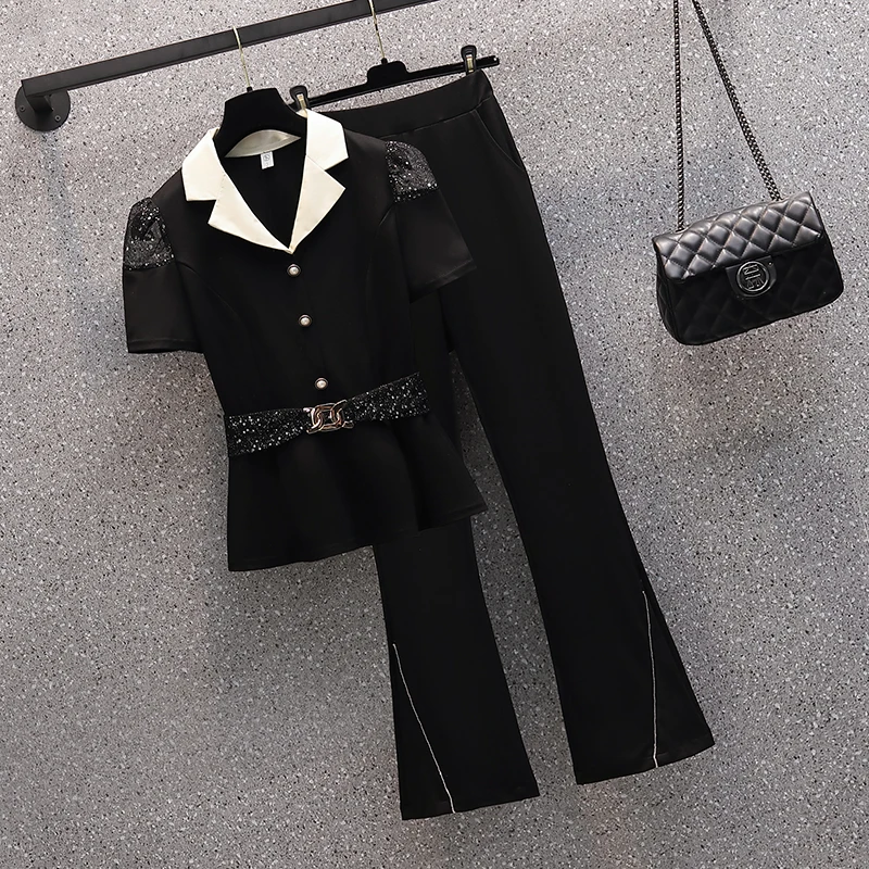 

Summer V Neck Stitched puff sleeves Shirt Blouse Trousers Two Piece Set Elegant Women's Suit short sleeve Top flared pants Pants