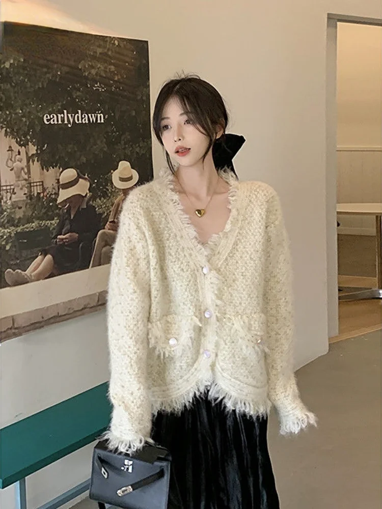 

Hikigawa Chic Fashion Women Streetwear Cargidan Coat Early Spring Korean Elegant Raw Edge Tweed Casual Jacket Top Ropa Mujer