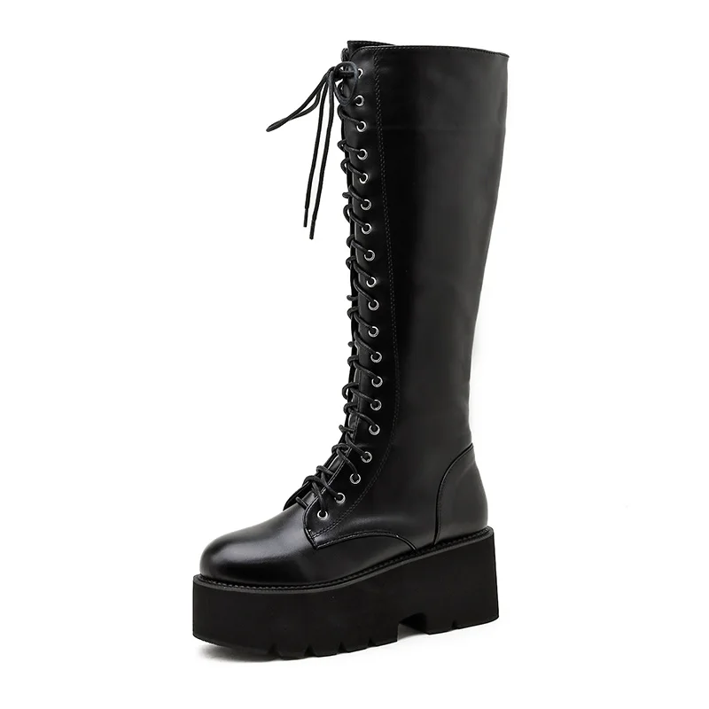 

New Chunky Platform Heels Pu Leather Knee High Boots Women Retro Punk Long Boots Woman Lace Up Booties Mujer New Fall