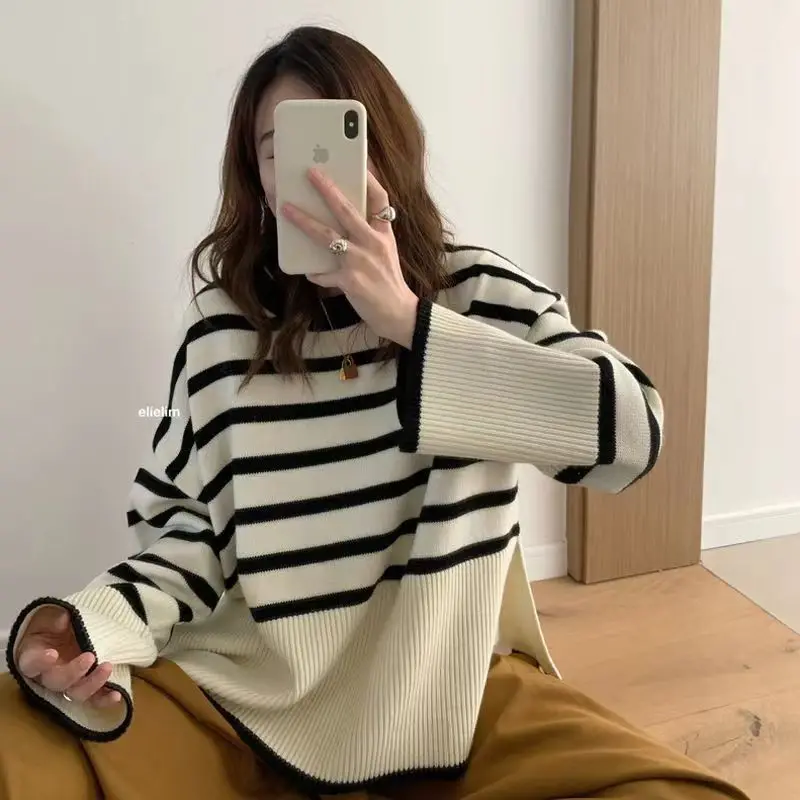 

2022 New Stripe Knitwear for Women Relaxed and Lazy Style Spring and Autumn Pullover Long Sleeve Top and Coat Fashion tops