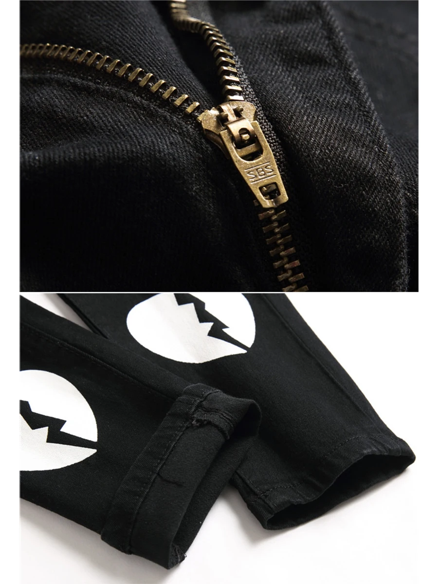 Four Seasons Men's Casual Digital Printing Black Jeans Slim Stretch Pencil Pants Mid Waist Hip Hop Streetwear Ins Hot Sale JEANS