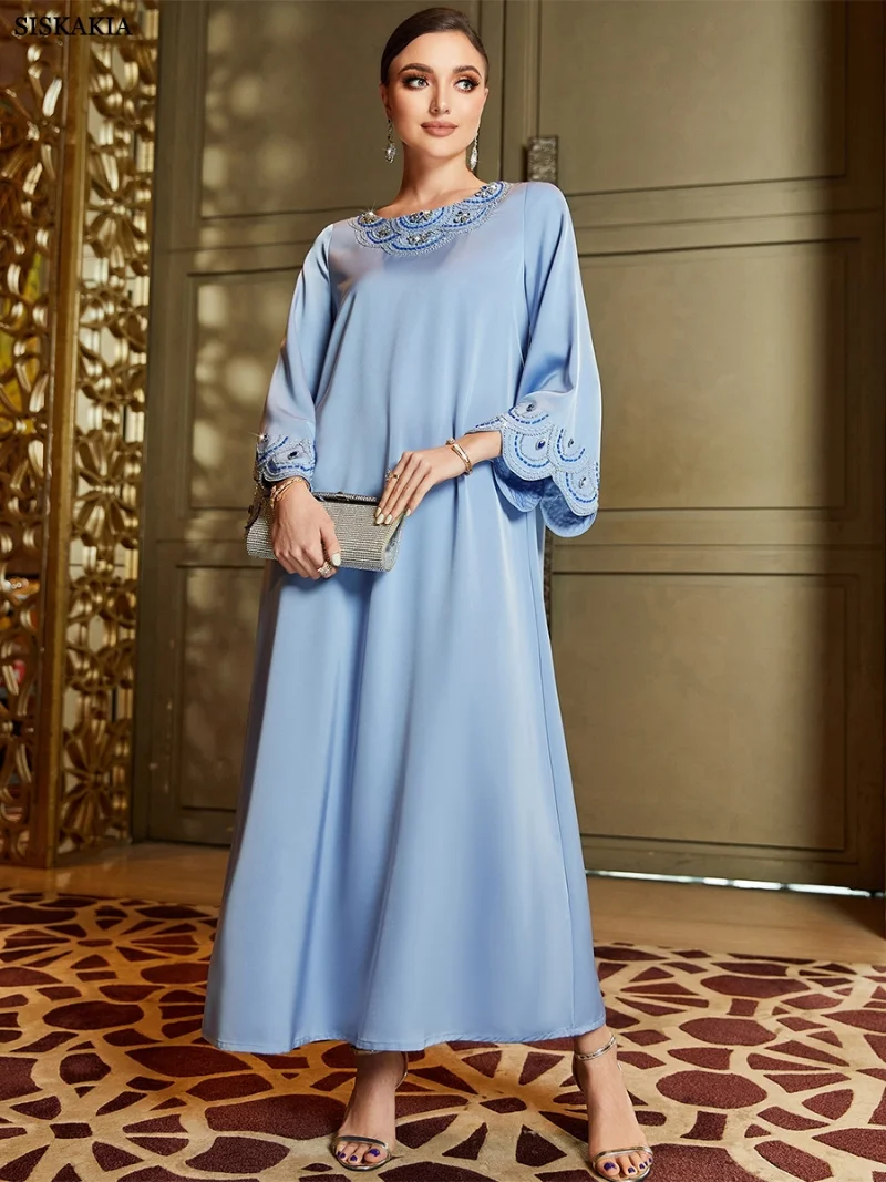 Vintage Luxury Rhinestone Banquet Evening Party Dress Elegant Casual O-Neck Long Sleeve Modest Fashion Ladies Dresses