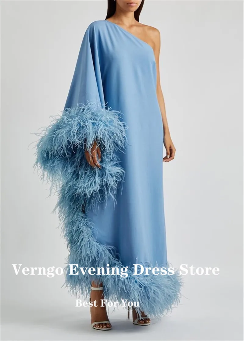 

Verngo Blue/Beige Straight Crepe Feathers Formal Evening Dress One Shoulder Puff Long Sleeve Dubai Arabic Women Prom Gowns