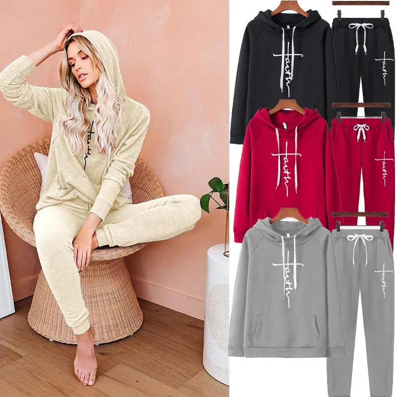 

2022 Faith Jesus Cross Printed Sports Hoodies Suit Women Spring Autumn French Style Design Suit Long Sleeve Tops+jogging Pants