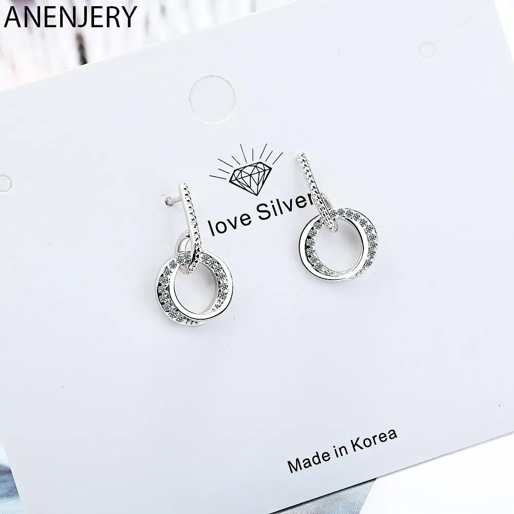 

ANENJERY серебряные Изящные минималистичные геометрические двойные круглые серьги с микрозакрепкой циркония модные ювелирные изделия