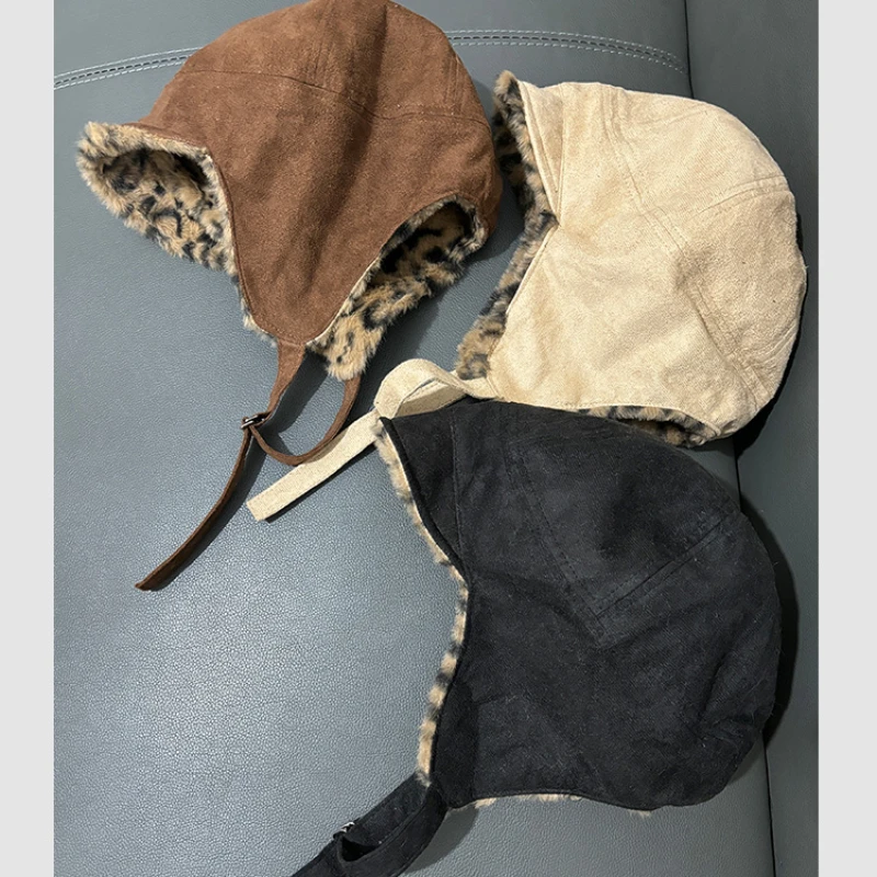 Двусторонняя шапка-пилот в американском стиле ретро с леопардовым принтом для