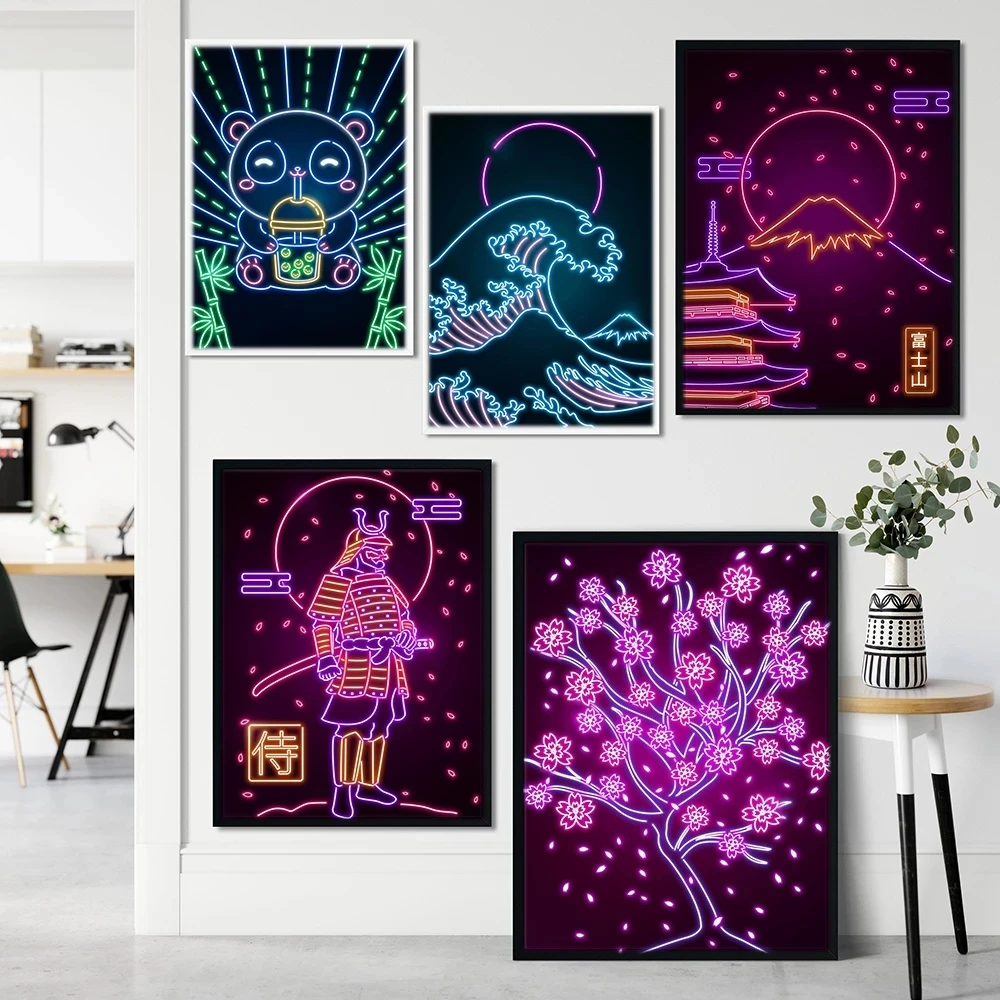 

Neon Art Poster Japanese Wave Mount Fuji Sakura Tree Ramen Maneki Cat Sushi Canvas Painting Wall Art Picture Prints Home Decor