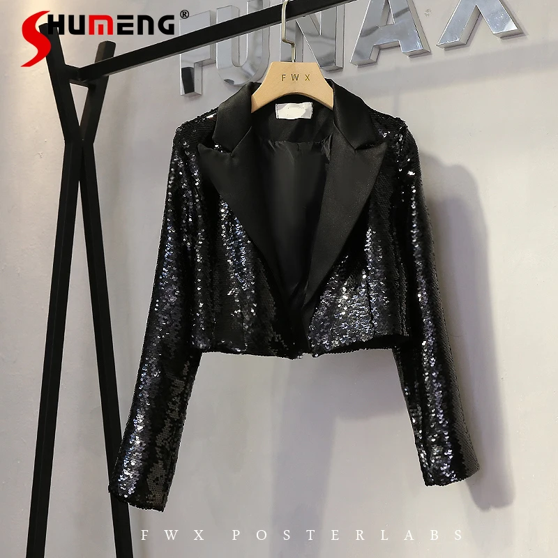 

2022 Spring New Fashion Female All-Matching Glitter Cropped Suit Jacket Women's Long Sleeve Sequins Short Suit Women Blazer Coat