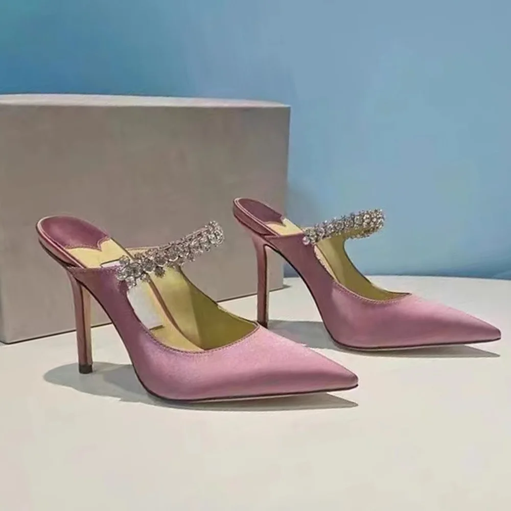 2023 New Pointed Shoes High Heel Rhinestone Baotou Silk Women's Slippers