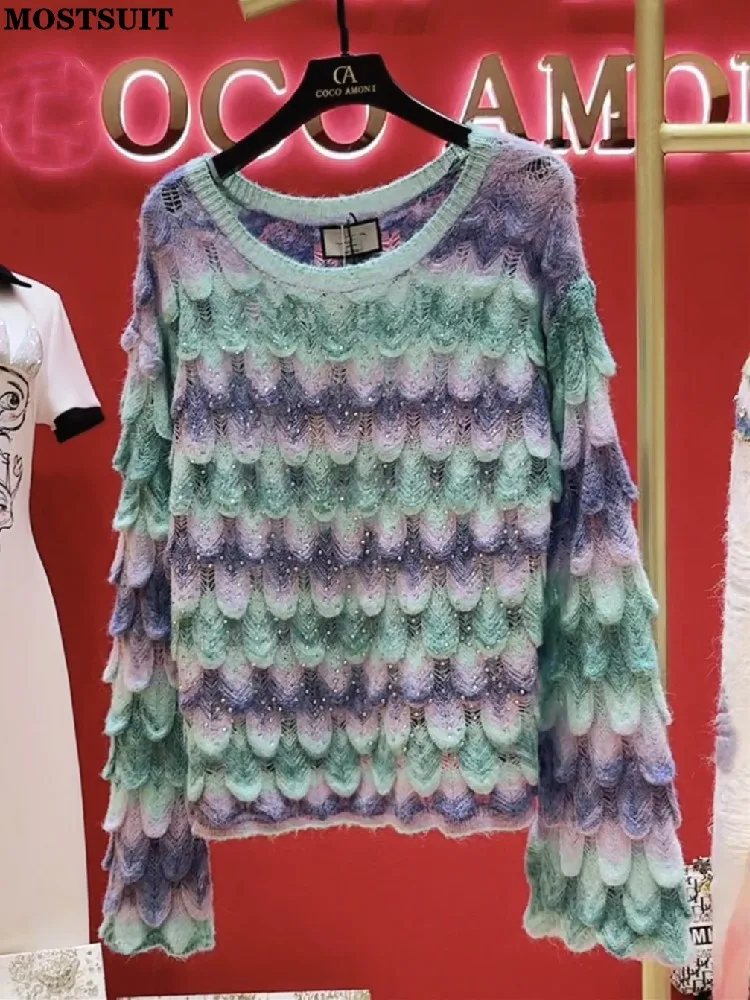 

Rhinestones Gradient Color Sweater Knitwear Women Striped Knitted Stylish Fashion Chic Pullover Tops Long Sleeve O-neck Jumpers