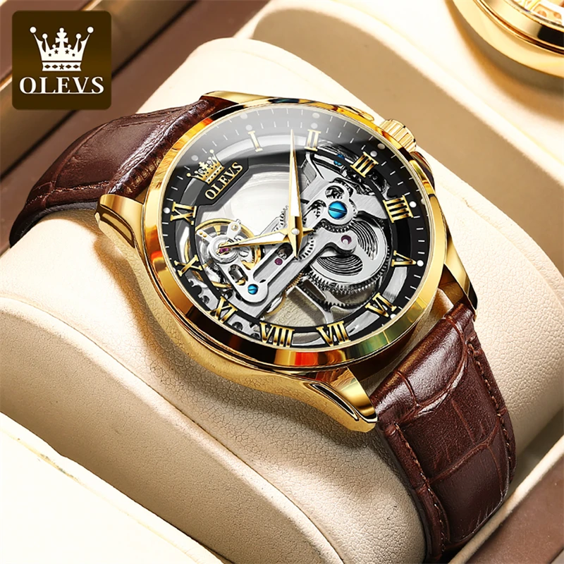 Мужские Водонепроницаемые механические часы-скелетоны с кожаным ремешком