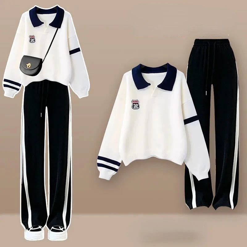 2023 Salt Wear College Wind Polo Shirt Sweater Suit Female Autumn New Casual Sports Wide-legged Pants Two-piece Set