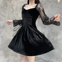 goth dark velvet vintage gothic lace dresses patchwork black cosplay bandage front long sleeve women dress slim clubwear autumn