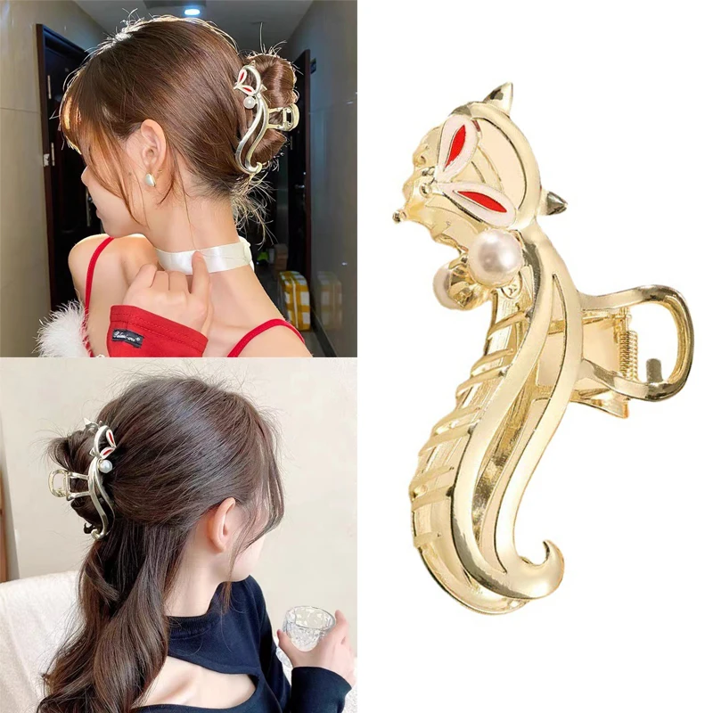 

Заколка-краб женская для волос, элегантный зажим для волос с жемчужинами и лисицей, модный головной убор, большой держатель для прически «ко...