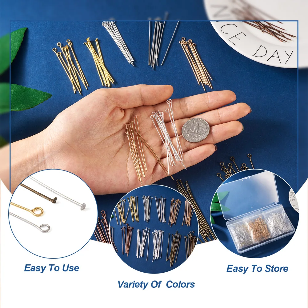 600Pcs Iron Flat Head Pins Eye Head Pins Mixed Color Metal Headpins Needle Findings for Jewelry Making Accessories 50mm
