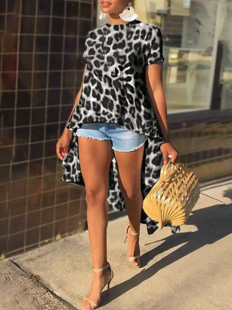 

Stylish Blouse Women Leopard Blouse 2023 VONDA Bohemian Casual Asymmetrical Short Sleeve Long Party Blusas Shirts Tops Femininas