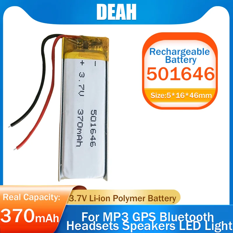 1-2pcs 3.7V 370mAh 501646 051646 Li-Polymer Rechargebale Lithium Battery For DVD VCD GPS Tracker Bluetooth Speakers Smart Watch - купить по