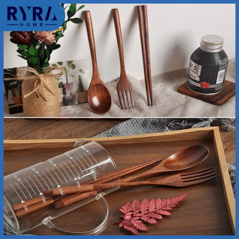 

3piece Set Korean Wooden Tableware Fork Spoon Chopstickssolid Wood Long Handle Spoon Chopsticks Portable Tableware Wholesale New