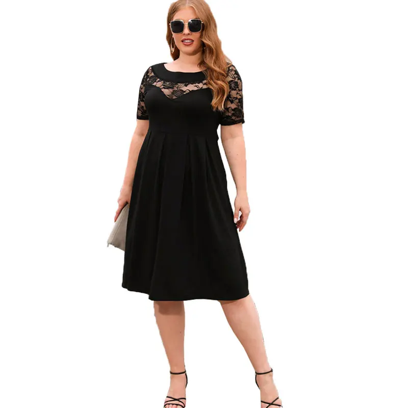 Plus Size Dresses for Women 2023 Summer Midi Elegant Short Sleeve Lace Patchwork Black Party Dresses Female Outfits Clothing 4XL