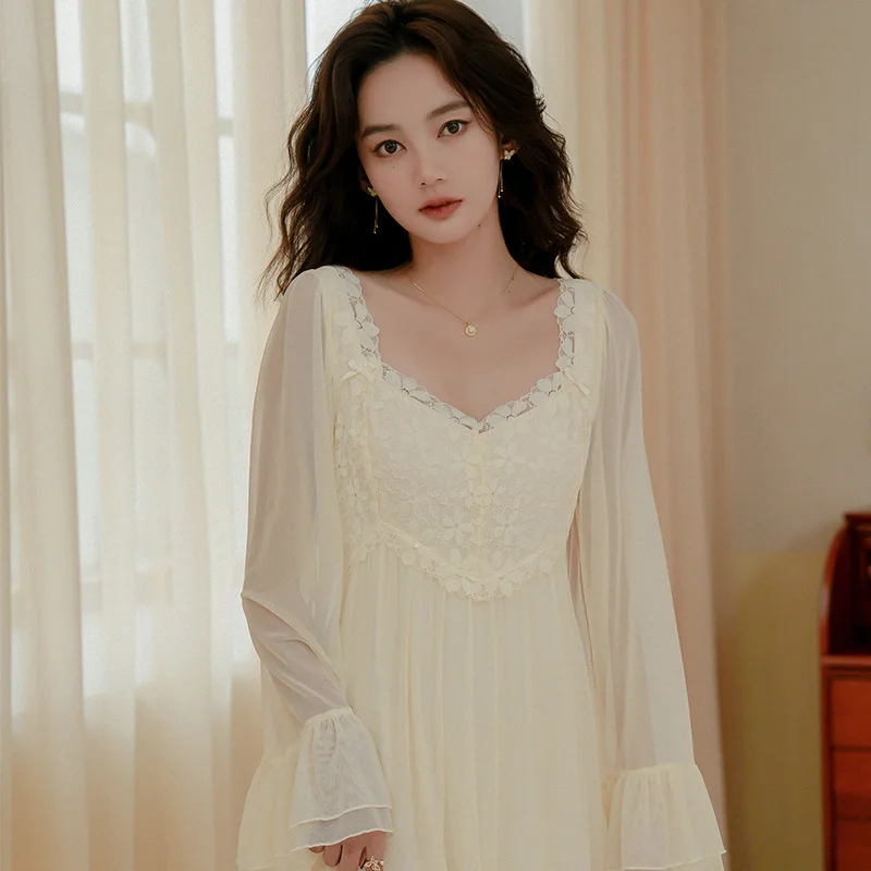Spring Nightdress Women Mesh Apricot Pajamas Elegant French Style Long Sleepwear Nightwear For Women Sleepshirt Nightgown Pajama