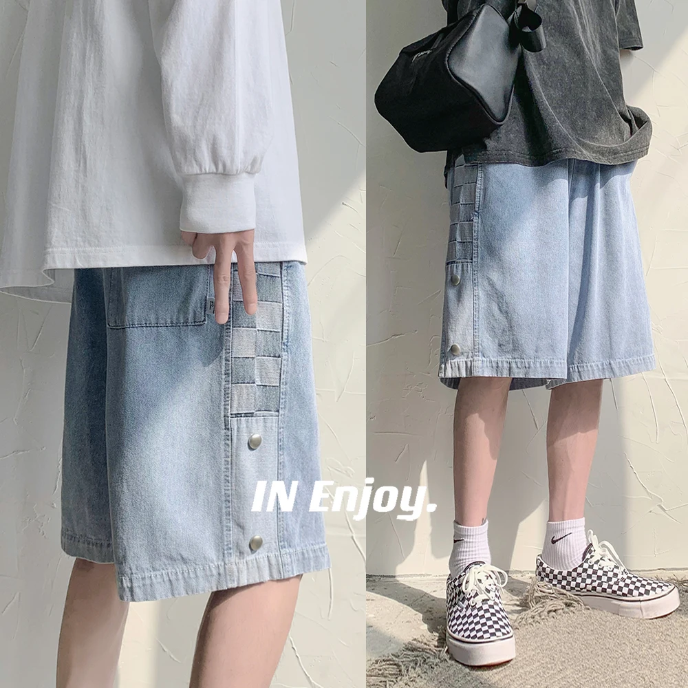 

Spring Summer New Checkerboard Shorts Fashion Buttons Men's Casual Short Jeans Classic Black Blue Elastic Waist Denim Shorts