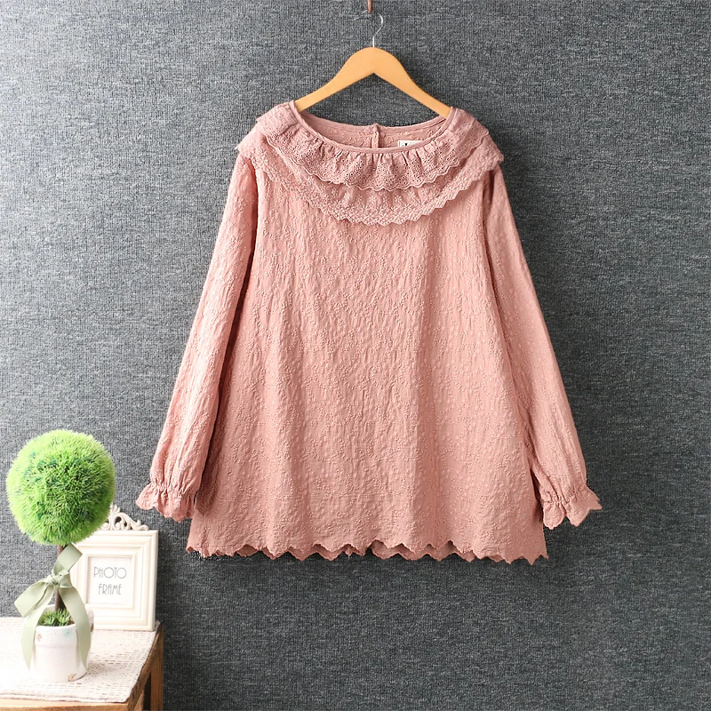 

Autumn New Sweet Solid Embroidered Top Women Back Single Breasted Double-layer Collar Long Sleeve Shirt Z2720