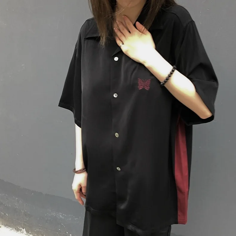 Oversized Black Needles Embroidery Butterfly Lapel Shirts Men Women 1:1 Top Quality AWGE Shirt Short Sleeve Tees Inside Tag