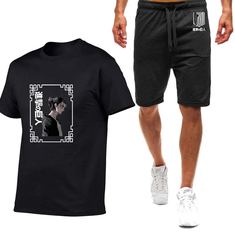 

Attack on Titan Mens Short Sleeve Set Summer Hip Hop Harajuku Style Eren Yeager High Quality Cotton T Shirts Shorts Sportsuit