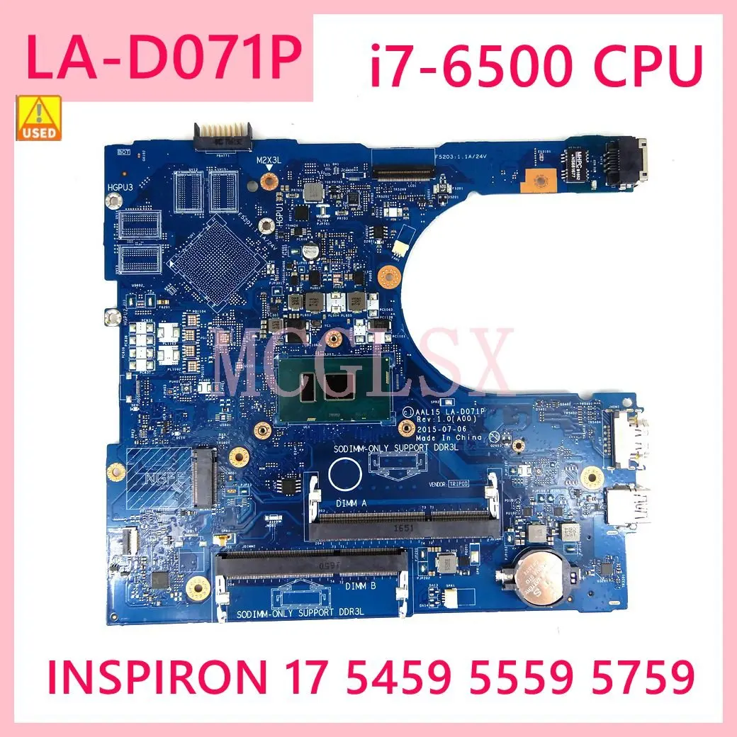 

LA-D071P CN-0RV4XN With i7-6500u CPU Mainboard For Dell INSPIRON 17 5459 5559 5759 Laptop Motherboard 100% Test Working Used