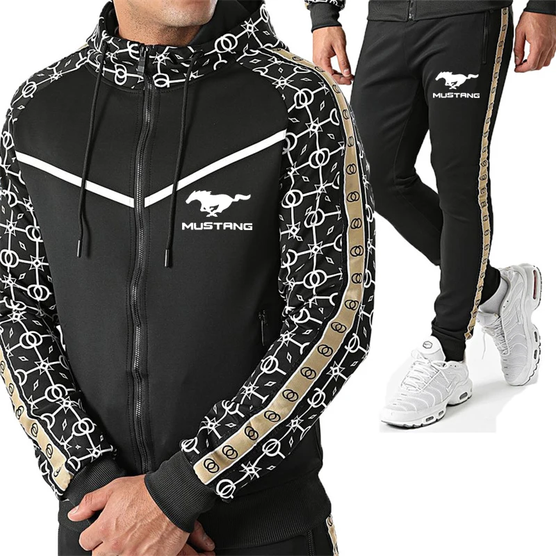 

2022 Hot sale Men's Hip Hop Streetwear High quality men's jacket set Mustang car logo print Men's Sweatshirt + Sweatpants Set