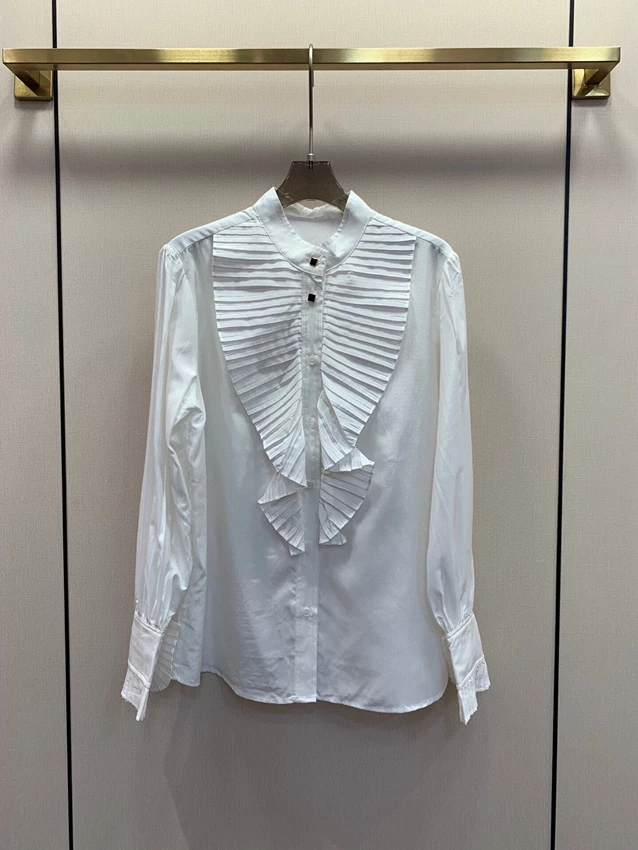 

2022 new women fashion long sleeve sexy ruffled pleated stand collar shirt top 925